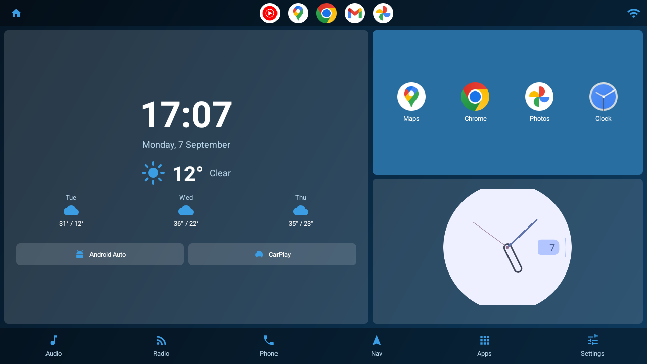 Dashline home screen with an analog clock widget filling one card and four app shortcuts in the other