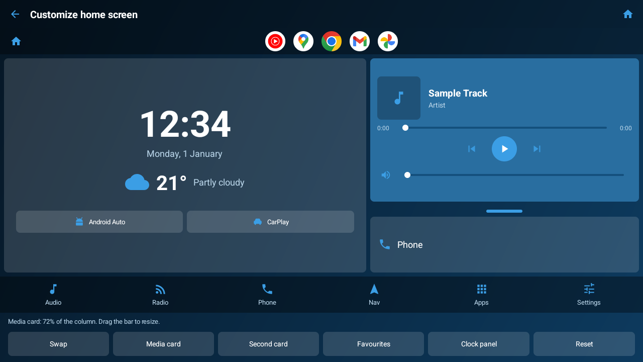 The Customize home screen editor, showing the live dashboard above buttons to swap the cards, set the media card, set the second card, set the favourites row, set the clock panel and reset