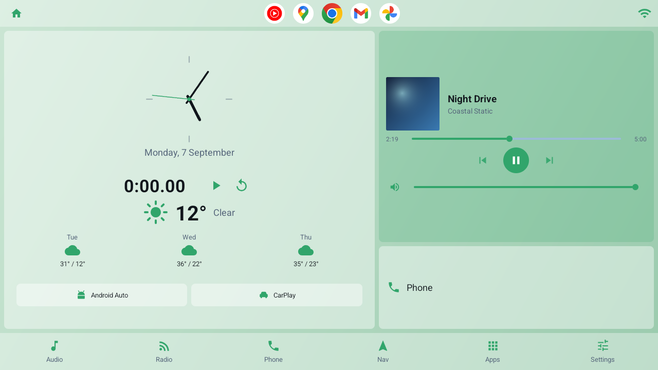 Dashline in a light green theme with the analog clock face, a stopwatch, weather forecast and the media panel