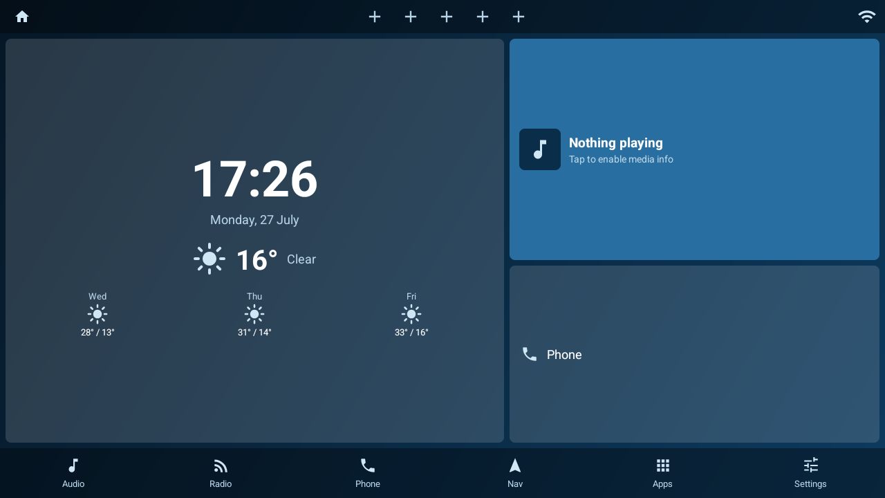 Dashline home screen showing a large clock, current weather with a three-day forecast, a media panel and a phone shortcut