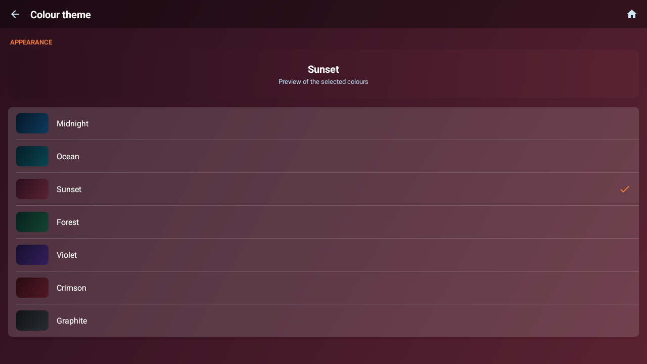Colour theme picker showing Midnight, Ocean, Sunset, Forest, Violet, Crimson and Graphite schemes