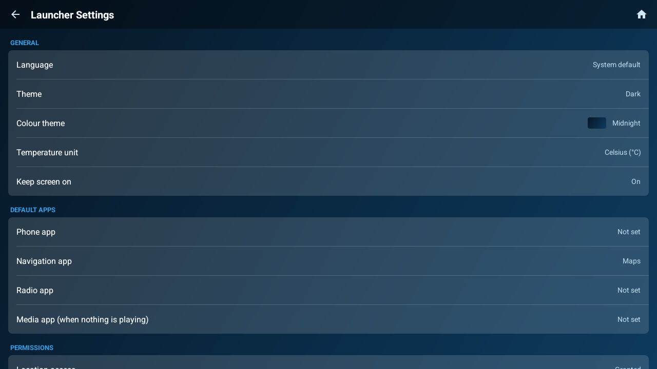 Settings screen with sections for general options, default apps and permissions