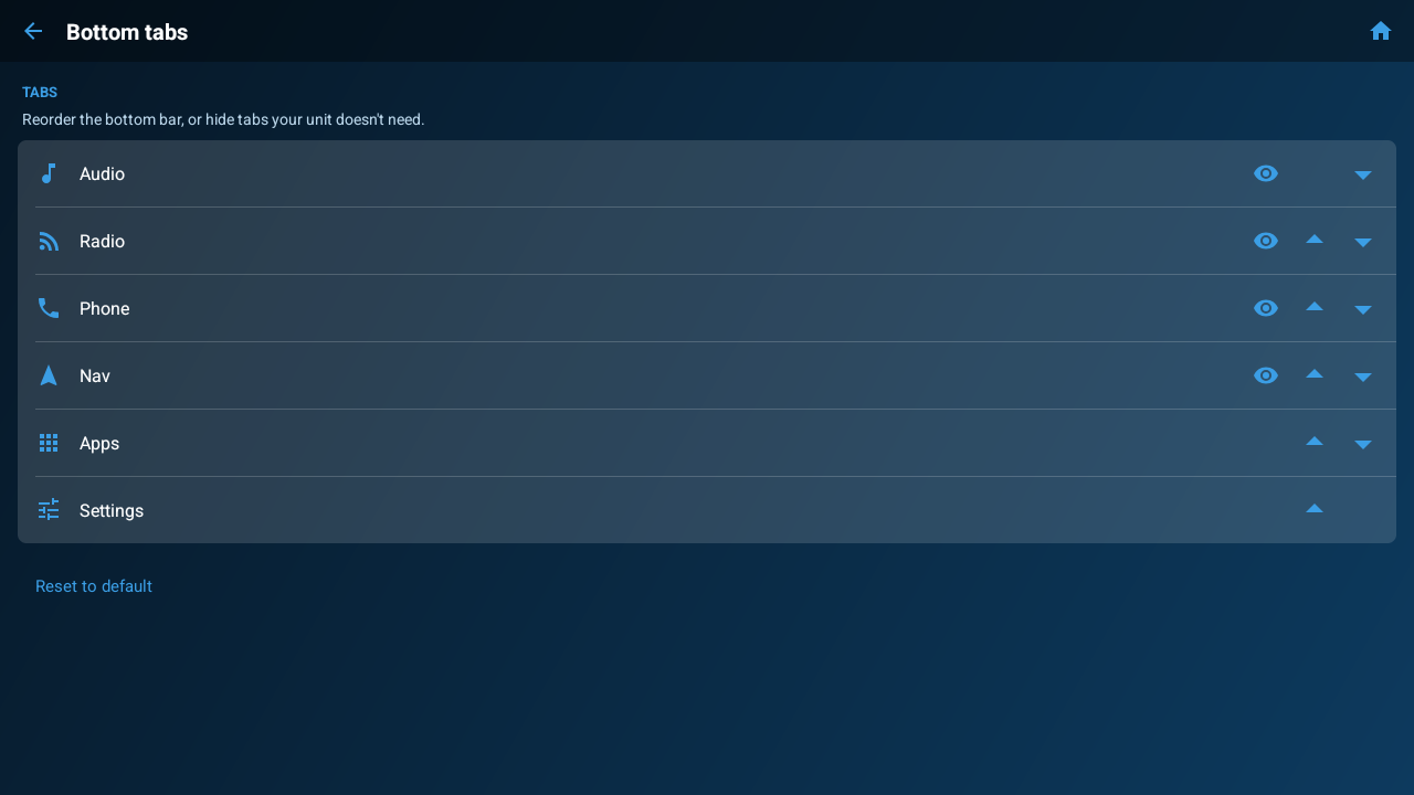 Bottom tab editor listing Audio, Radio, Phone, Nav, Apps and Settings with controls to reorder and hide them
